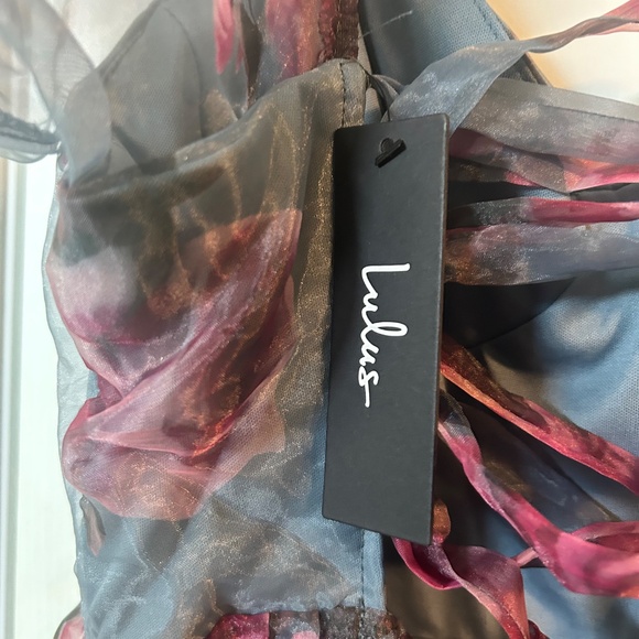 Lulus Ideally Lovely Slate Blue Floral Organza Lace-up Midi Dress - Size L - Picture 5 of 5